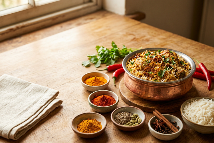 Biryani with bowls of spices and rice on a kitchen table